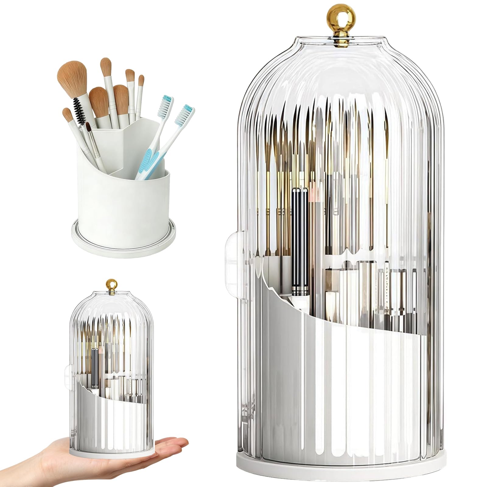 Rotating Toothbrush Holder with Cover, Dustproof Toothbrush Storage, Toothbrush Organiser for Travel and Home Use, Concealed Toothbrush and Toothpaste Holder with Lid, Dimensions 12.2 by 12.2 by 27 cm