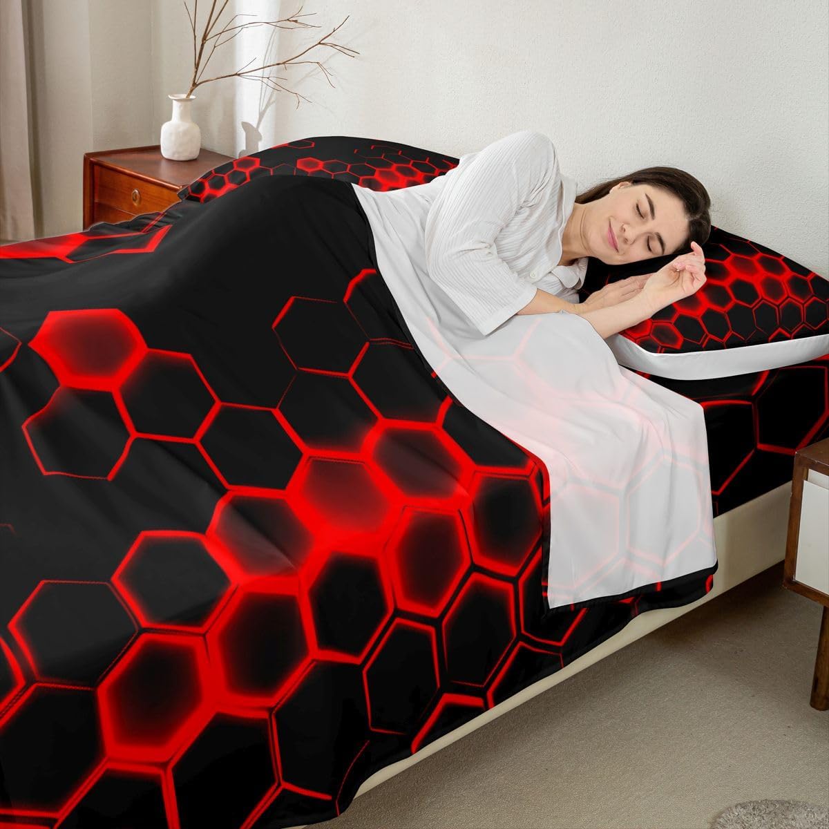Red and Black Honeycomb Sheets with Deep Pocket Fitted Sheet Full Size, Geometric Honeycomb Sheet Set for Kids Toddler Beehive Hexagon Bed Sheets Set Geometrics Honeycomb Bedding Set Full Size