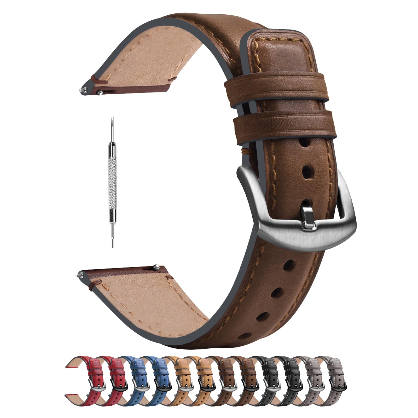 Fullmosa Uhrenarmband 18mm für Huawei Watch 1st/ASUS Zenwatch 2 Damen 1.45" Garmin Watch. Armband Yola Series,Dunkelbraun + Rauchgraue Hardware