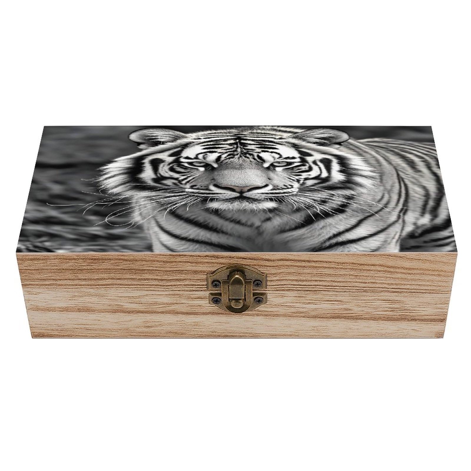 FekiLoot Black And White Tiger Wooden Storage Box Exquisite Wood Keepsake Box Vintage Wooden Gift Jewelry Case for Crafts And Photo Storage Boxes