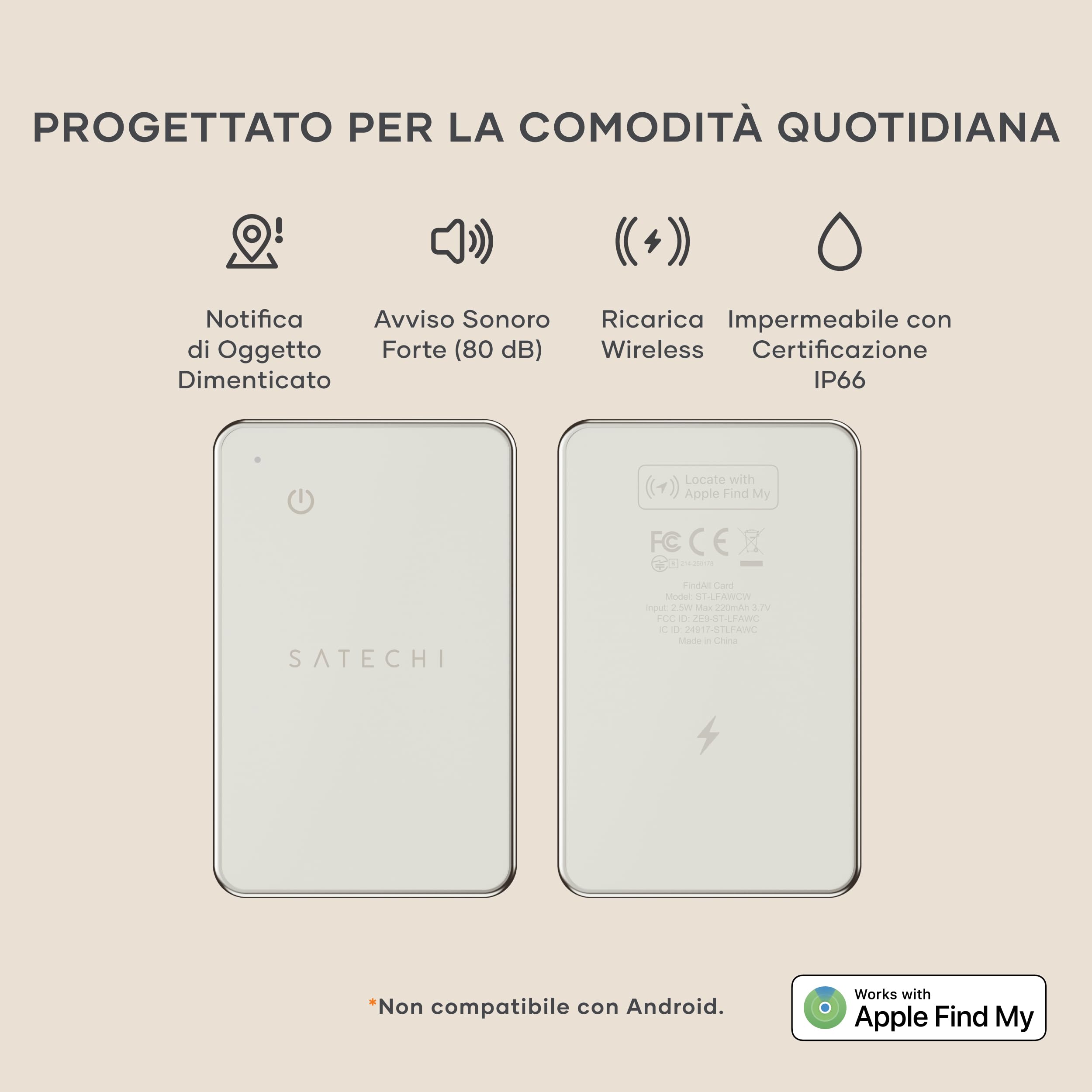 SATECHI FindAll GPS Tracker per Portafogli, Apple Find My, Beige | Localizzatore Bluetooth, ricarica wireless, avvisi di smarrimento potenti, per iPhone, iPad, Mac