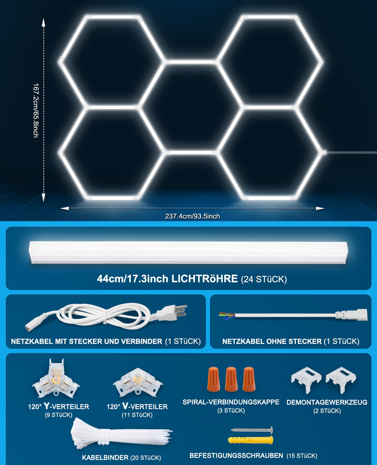 Garagenlampe LED Sechseckige Garage Licht Werkstatt Deckenleuchte DlY LED Panel Energiesparend für Garage, Werkstatt, Lager, Fitnessstudio, Auto-Schönheitssalon Autopflegegeschäf 26520LM 6500K 5 Hex