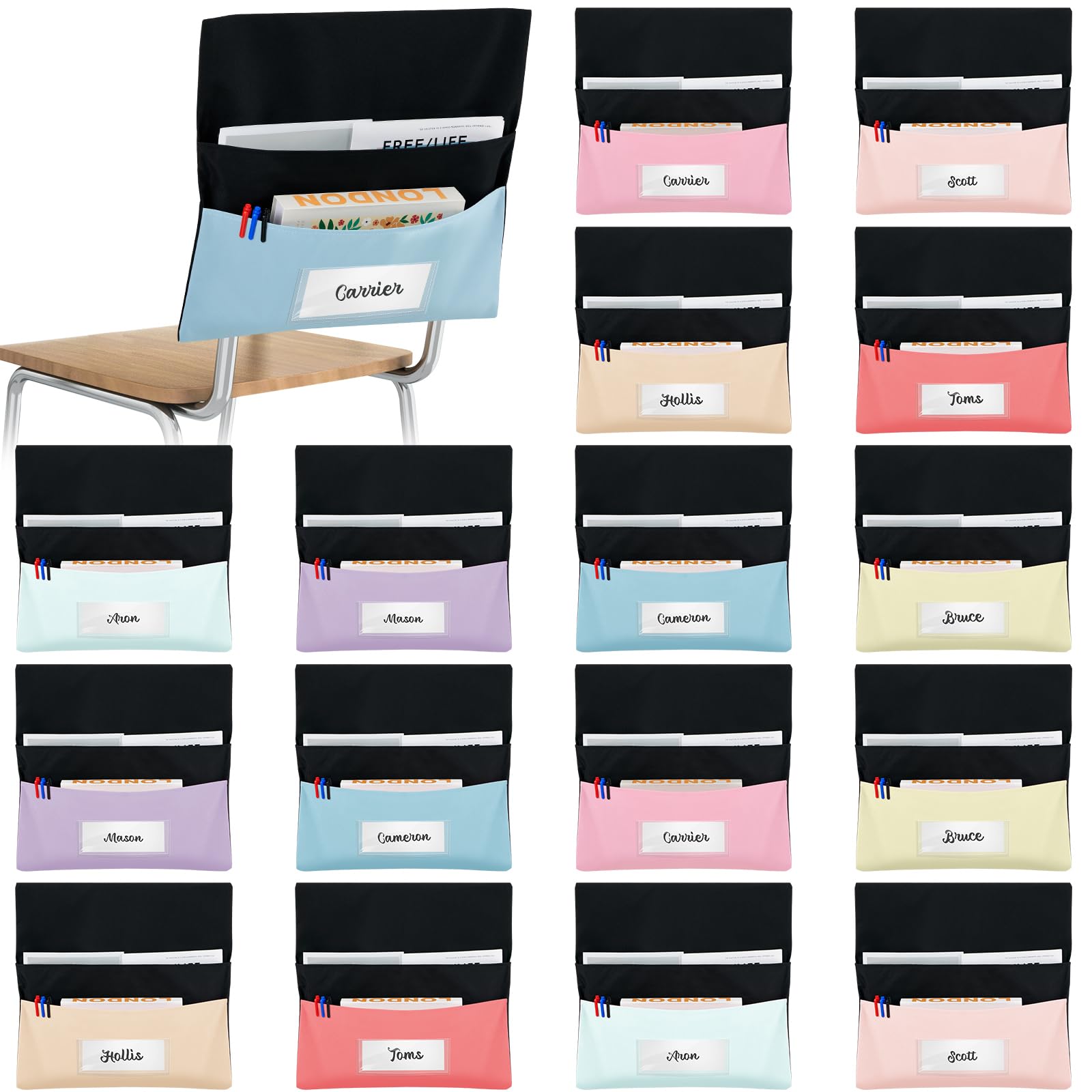 Feifeiya 16 Pcs Classroom Chair Pockets 18 x 19 Inch Double Sacks Chair Pockets for Classrooms Seat Storage Pocket Back of Seat Bags for Student