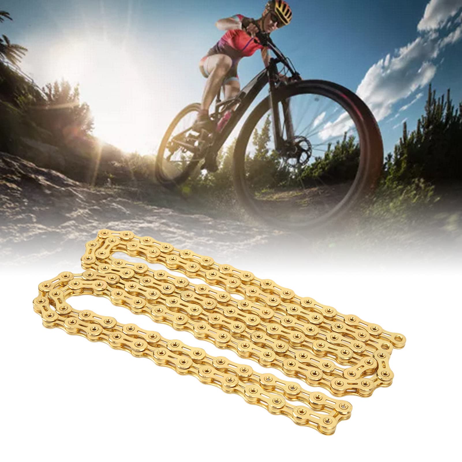 Focket Cadena de Bicicleta de Carretera, Cadena de Bicicleta Hueca Completa de 11 Velocidades, Acero de Aleación Flexible para Bicicleta de Carretera (Gold)