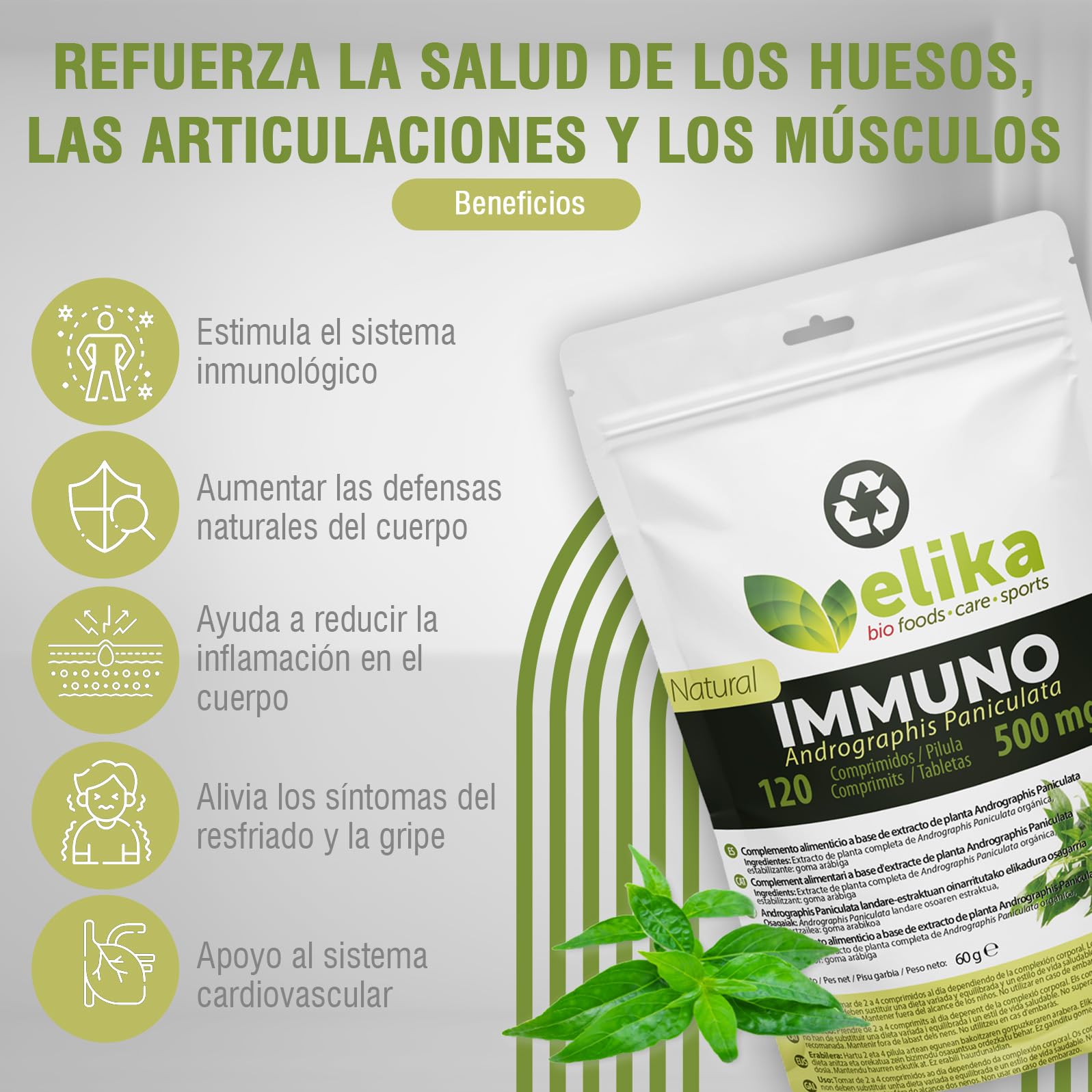 Estratto di Andrographis Paniculata Elikafoods. 120 capsule vegetali da 500mg. Integratore alimentare 100% naturale. Adatto ai vegani, senza glutine.