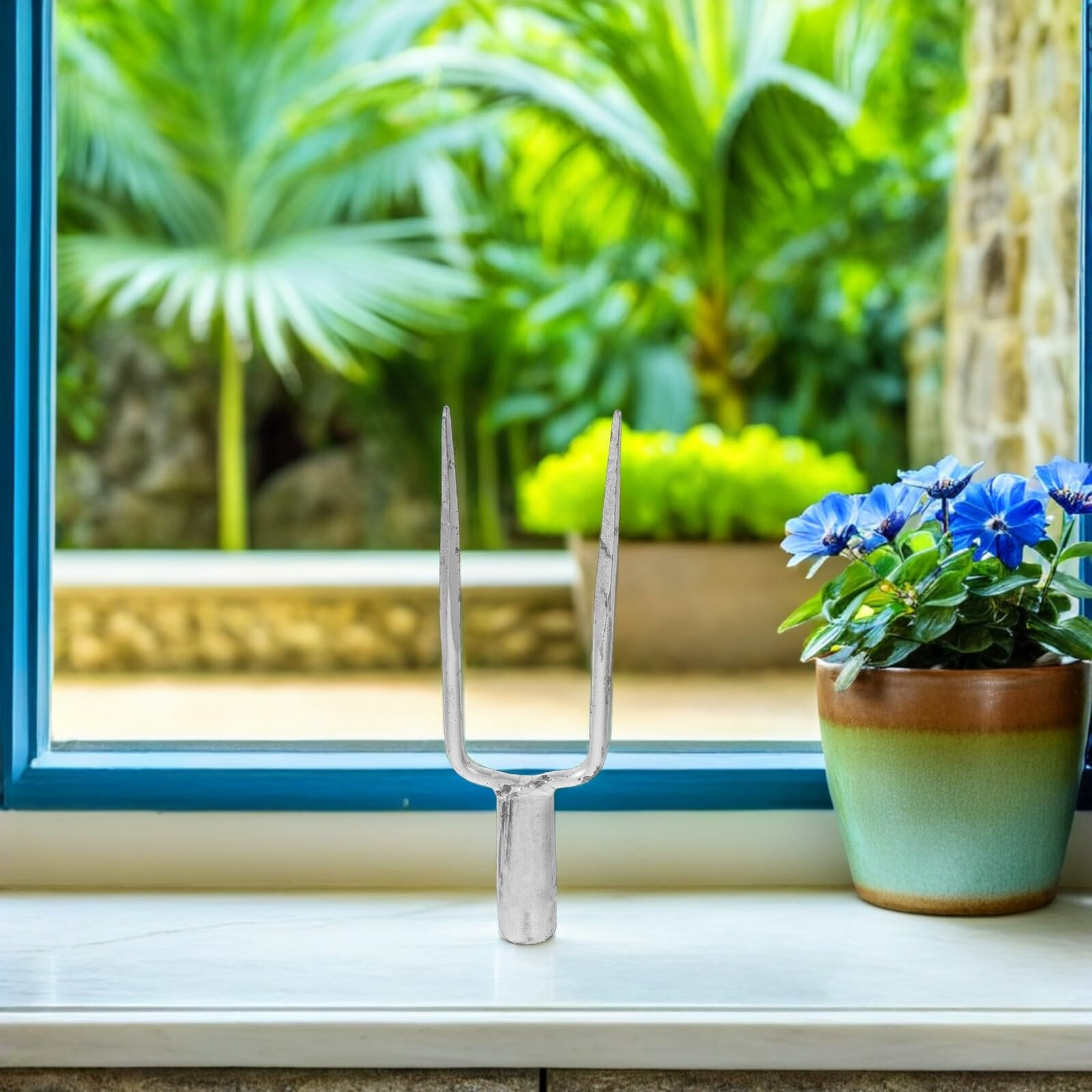 Fourche Robuste Design Ergonomique en Acier à Deux Dents Tête en Acier Solide pour Ameublir Sol et Ratisser pour Jardinage Extérieur
