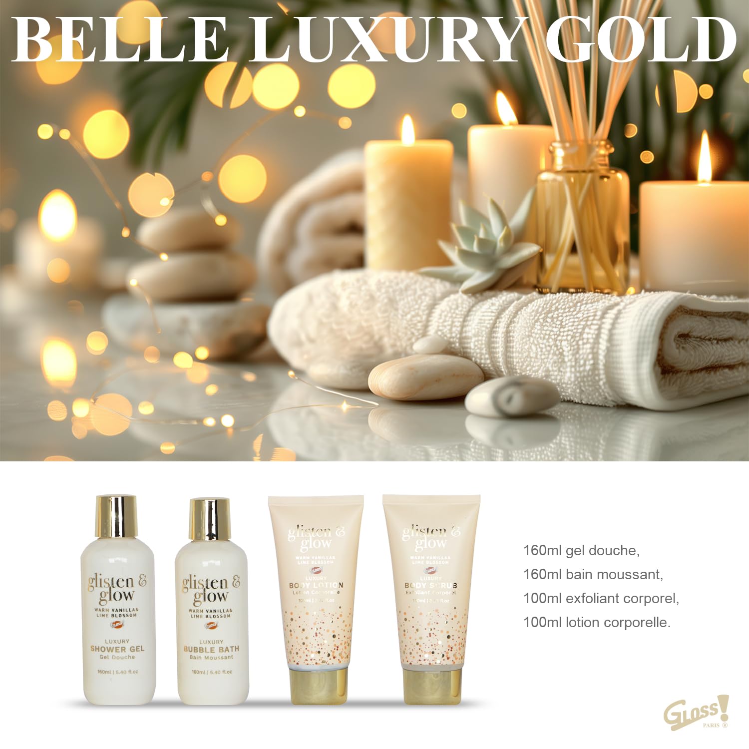 GLOSS ! Zestaw kąpielowy LUXURY GOLD - Damskie pudełko kosmetyczne - Kosz na kosmetyki, pielęgnacja i dobre samopoczucie - Prezent dla kobiet, na urodziny, Boże Narodzenie, dla kochanki, na Dzień