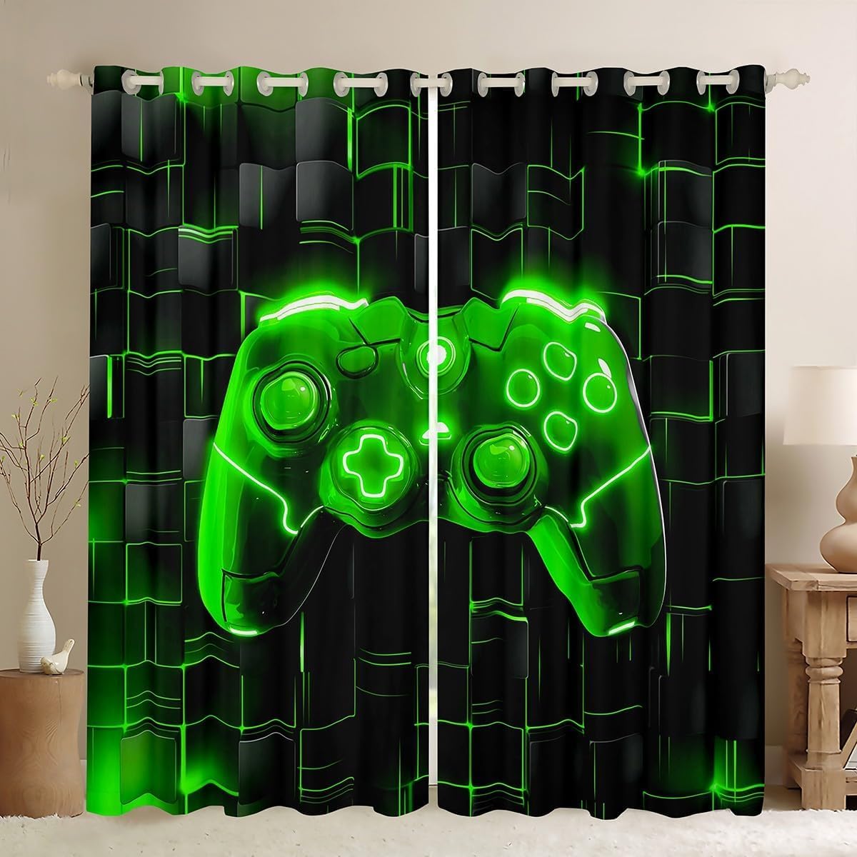 Manfei Kids Gaming Blackout Curtain Green Grid Videogame Console Window Drapes for Boys Teens Room Decor, Gamer Controller Window Treatments, Grommet Top 2 Panel Set Bedroom Curtains, 46Wx72L inch