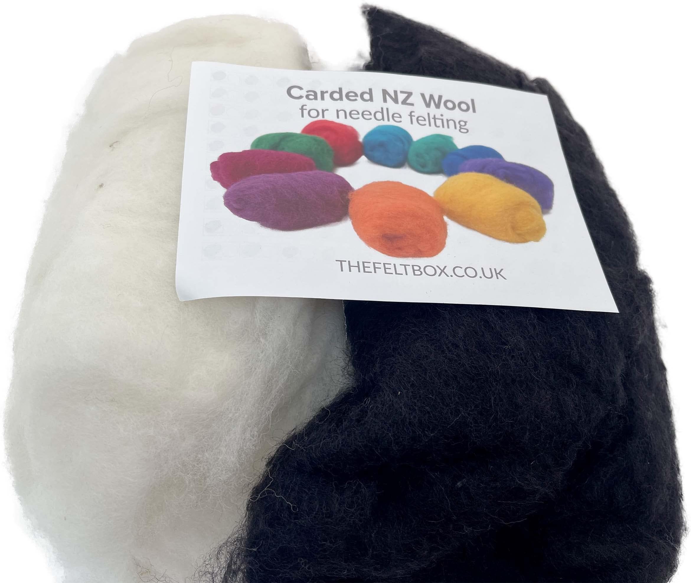 Needle Felting Wool – Black & White Wool Pack (100g Total) – Carded Batt with Coarse Short Fibres – Ideal for Eyes Noses Fur 3D Animals
