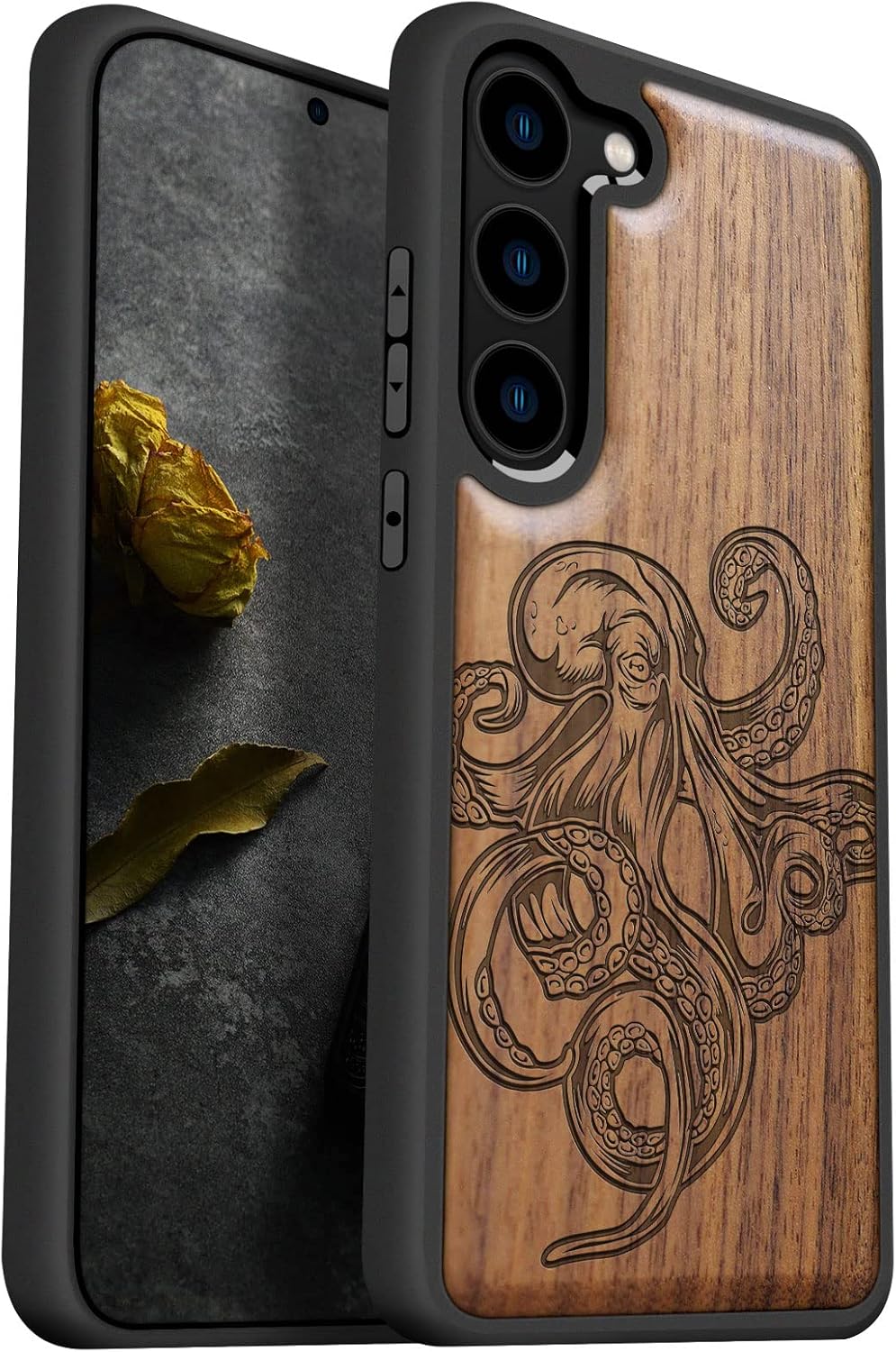 Carveit Wood Case for Galaxy S23 Case [Natural Wood & Black Soft TPU] Shockproof Protective Cover Unique & Classy Wooden Design Compatible with Samsung S23 (The Devil-Blackwood)