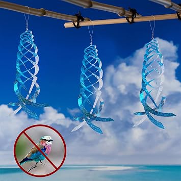 Hausse Bird Repellent Spiral Reflectors Blue Mylar Spinner, Hanging Reflective Bird Deterrent Device, Garden Decorative Scare Birds Away, Like Woodpeckers, Pigeons and Geese, 3 Pack
