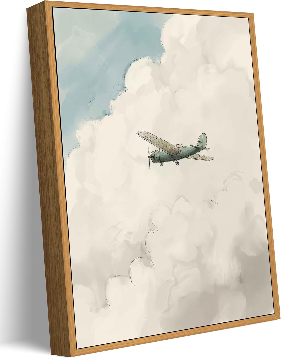 Framed Vintage Airplane Wall Art, Watercolor Sky Clouds Wall Decor, Minimalist Aviation Nursery Painting Picture, Retro Airplane Poster Print for Kids Bedroom Playroom Decoration, 8x10in