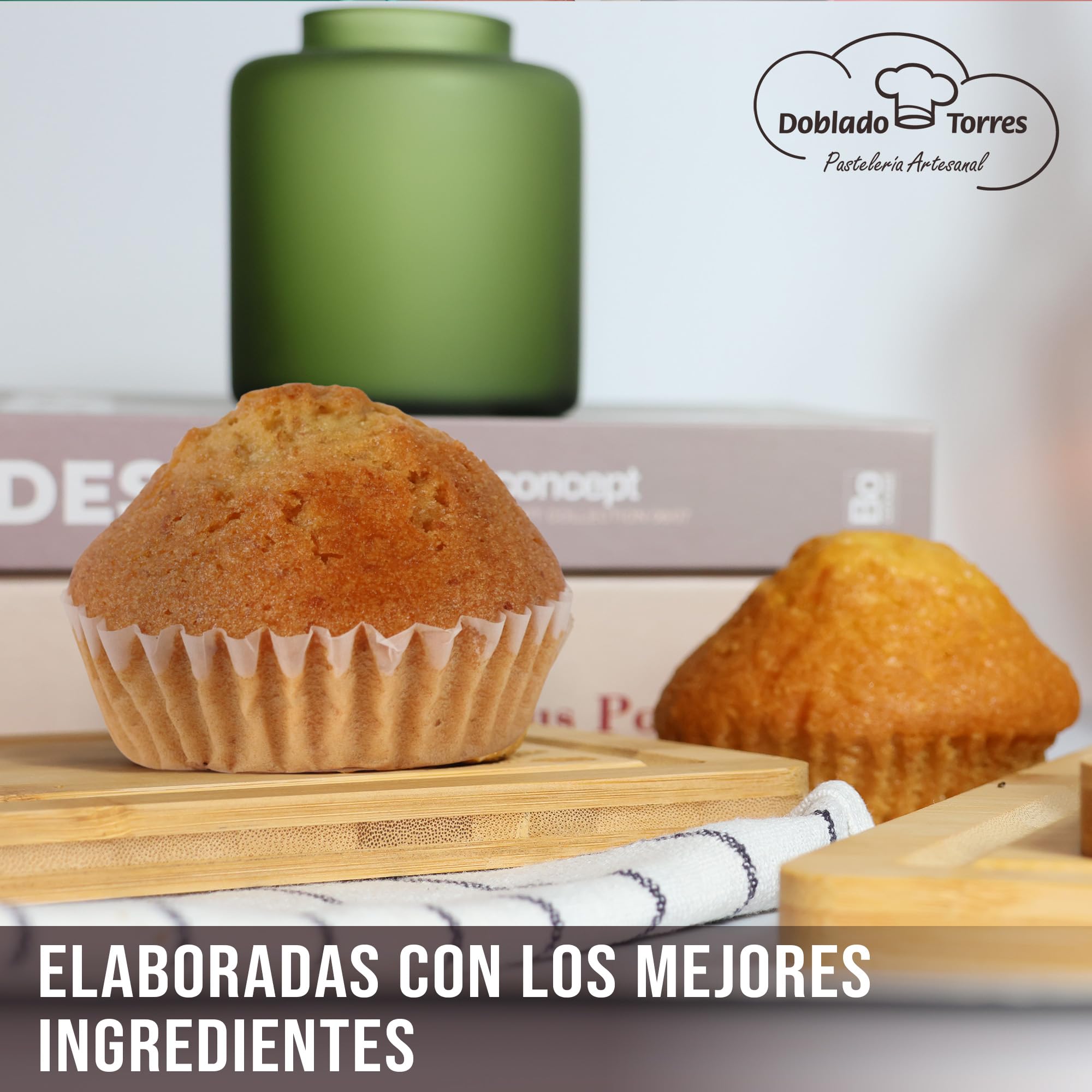 Doblado Torres Magdalenas Integral Sin Azúcar - Magdalenas Caseras con Huevos Frescos. Bollería Sin Azúcar. Ideal para un Desayuno Saludable. Envasadas Individualmente 24 unidades