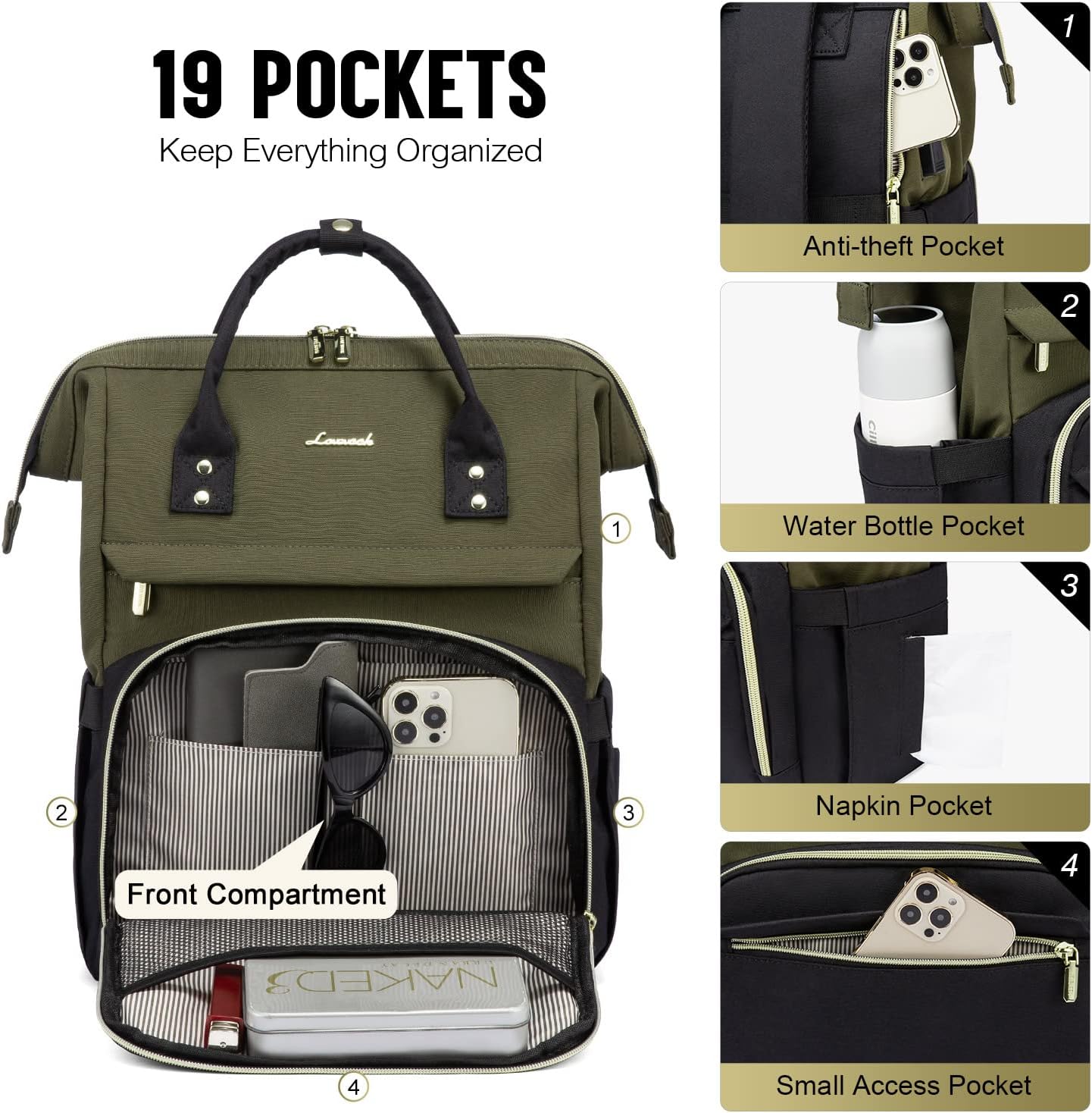 LOVEVOOK Laptop Backpack for Women, Fashion Computer Backpacks Purse, School Student Bookbag for Girl, Business Travel Bags, Doctor Nurse Backpack for Work, Fits 15.6-Inch Laptop, Army Green-Black - Image 4
