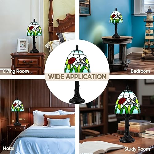Miniatura 5 de Lámpara de mesa estilo Tiffany  Lámparas de mesa de cristal de 6 pulgadas con colibrí y flor, lámpara de noche estilo Tiffany vintage, pequeña luz