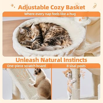 Taoqimiao Cat Tree, 180cm Large Cat Tower for Indoor Cats Tall Cat Tree | with 8 Sisal Scratching Posts, Metal Frame Cozy Hammock, Scratch Board, 2 Top Perches