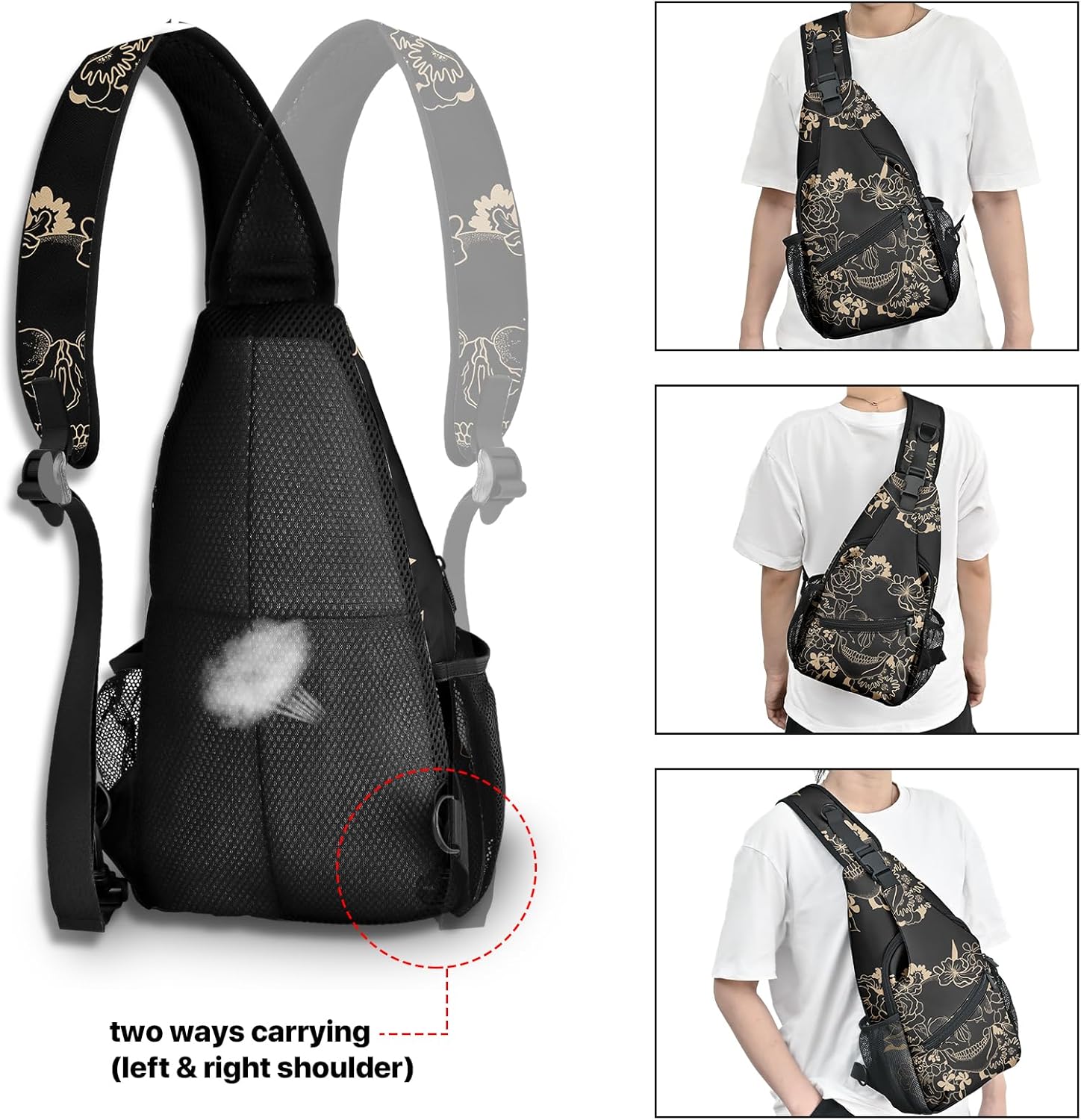 Skull Sling Bag Travel Sling Backpack Crossbody Bag Shoulder Pack Hiking chest Daypack for Women Men Waterproof Adjustable Lightweight Cycling Runners Climbing - Image 5