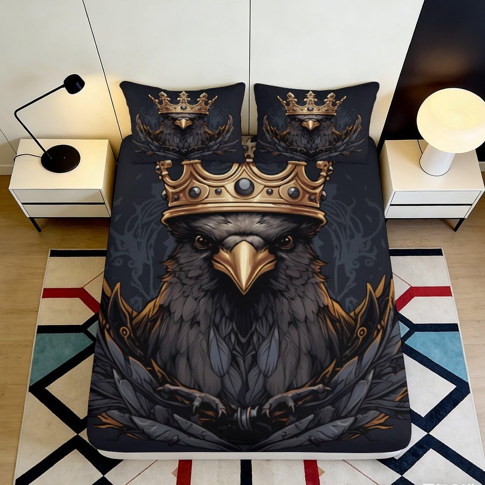 Pnayamiorkfel Style-7 3D Printed Crowned Eagle Fitted Sheet Microfiber Black Gold Mattress Cover For Bedroom Dorm Decor Protection 90X200x25cm