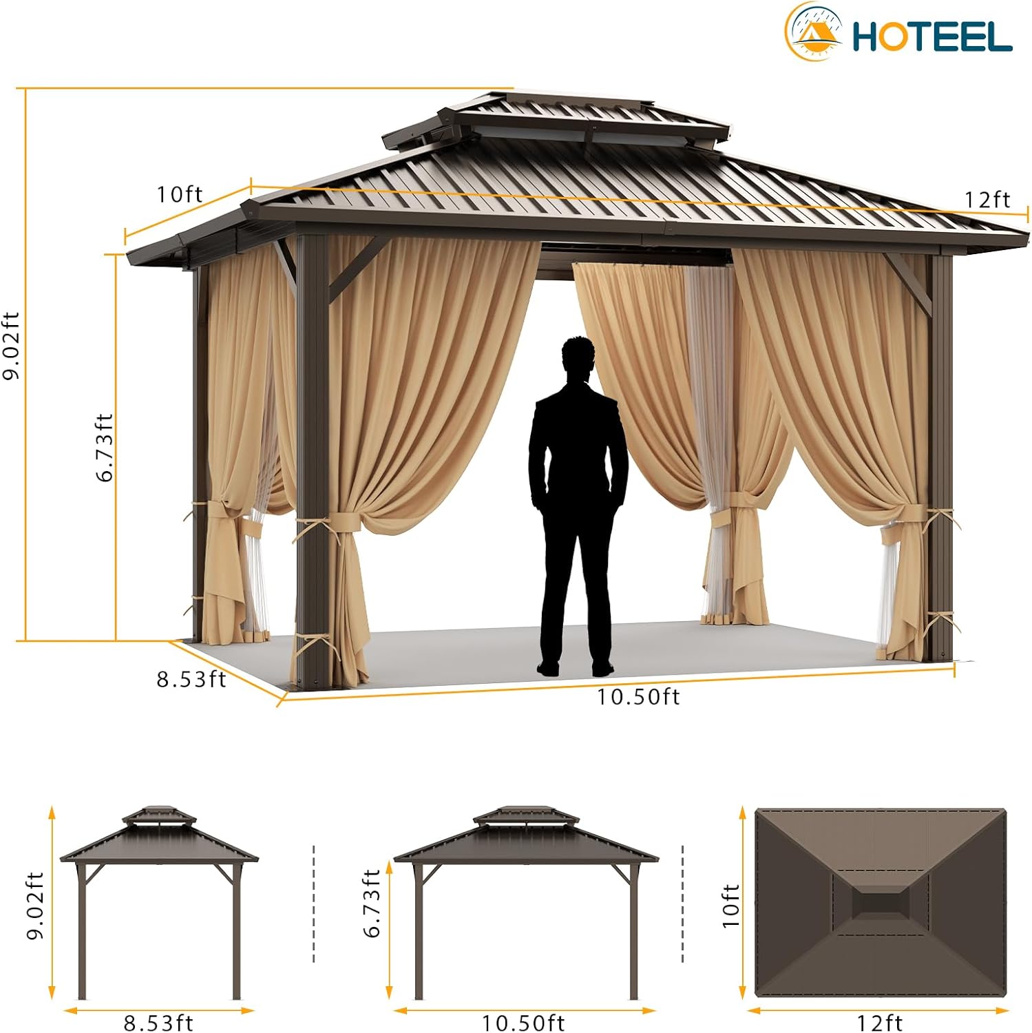 Diagram showing the dimensions of the HOTEEL 10x12 Hardtop Gazebo, including length, width, and height measurements.