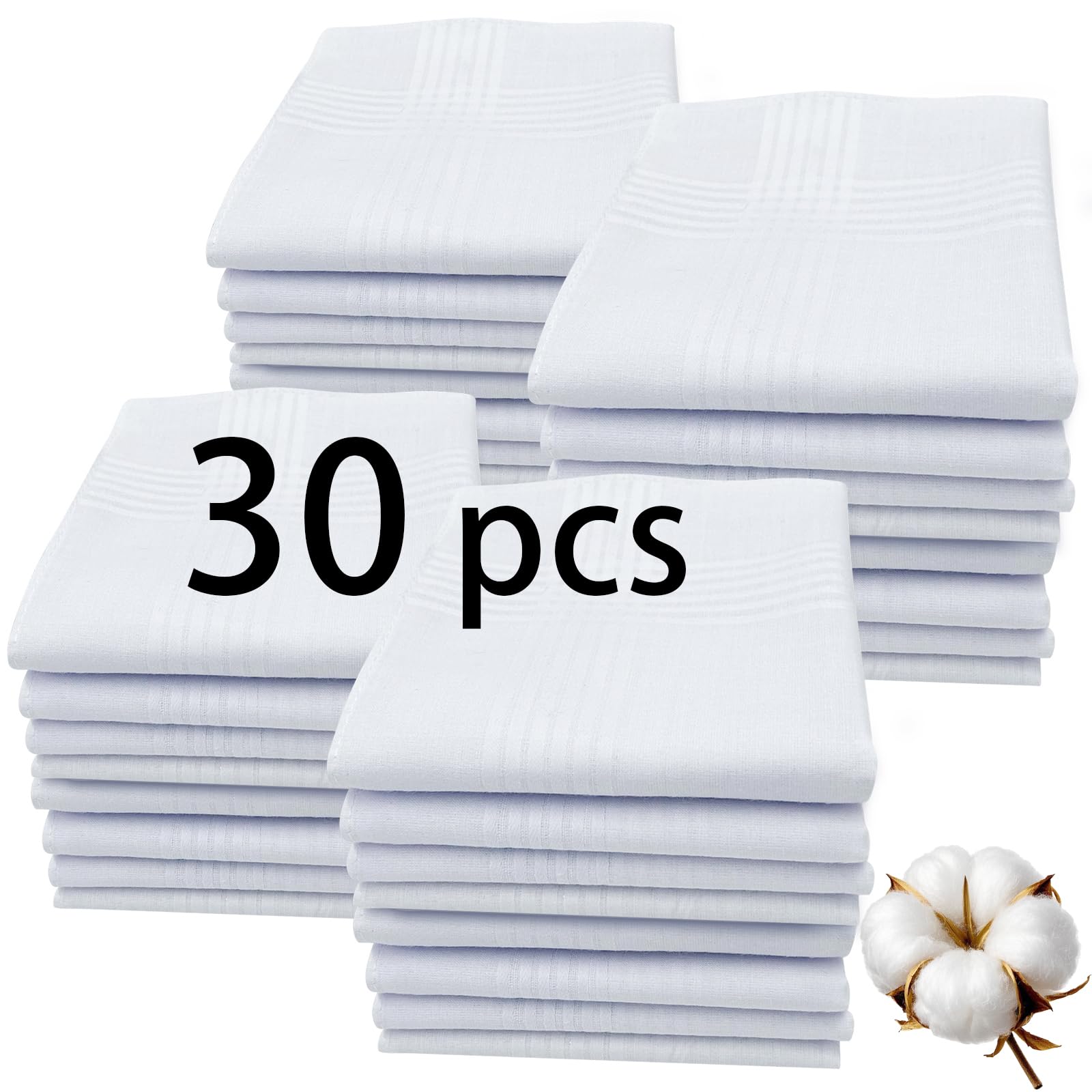 Arkbaodan Men's White 30Pcs Handkerchiefs For 100% Soft Cotton Hankie Handkerchief 16X16 Bulk, 16" X 16"