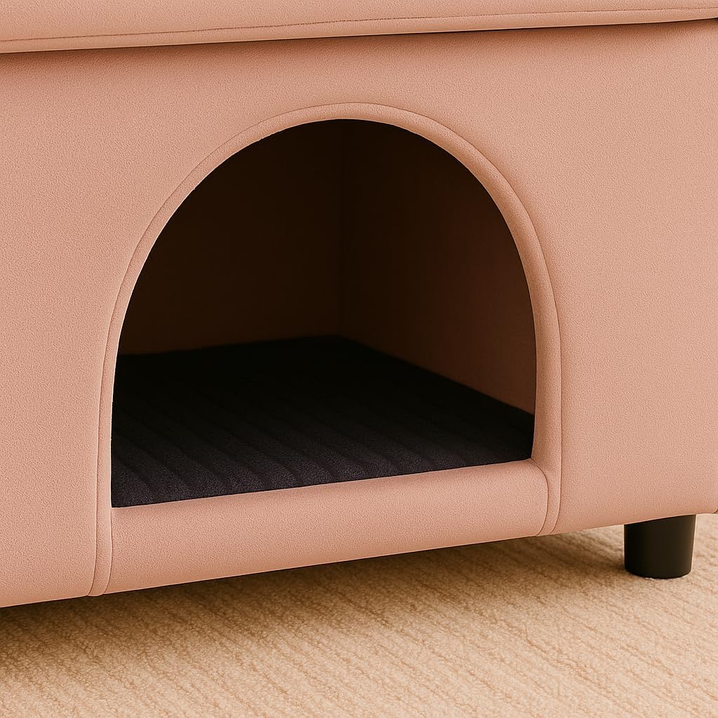 2-in-1 Velvet Bunny-Ear Armchair with Pet Hideaway – Luxury Plush Sofa Chair (27.4"x25.2"x37.4") for Humans & Cats/Dogs, Built-in Side Pocket & Cozy Cubby, Skin-Friendly Fabric (Pink)