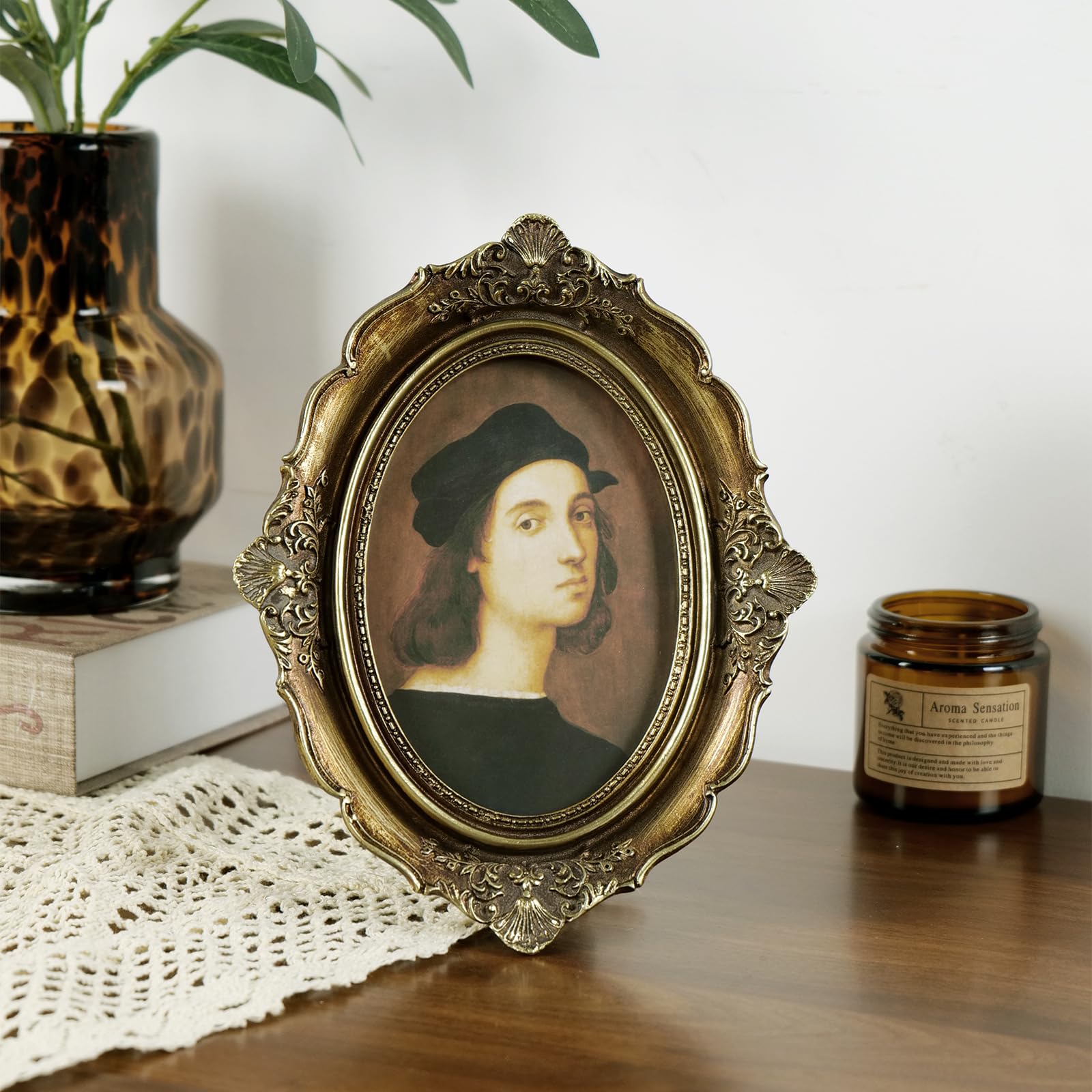 Condition photo showing New/Like New for cuspin 4x6 gold picture frame, vintage picture frames bronze resin with glass front, ornate retro oval photo frame for wall hanging and tabletop display