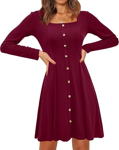 Newshows Women Fall Holiday Dress Long Sleeve Square Neck Casual Ribbed Knit Win