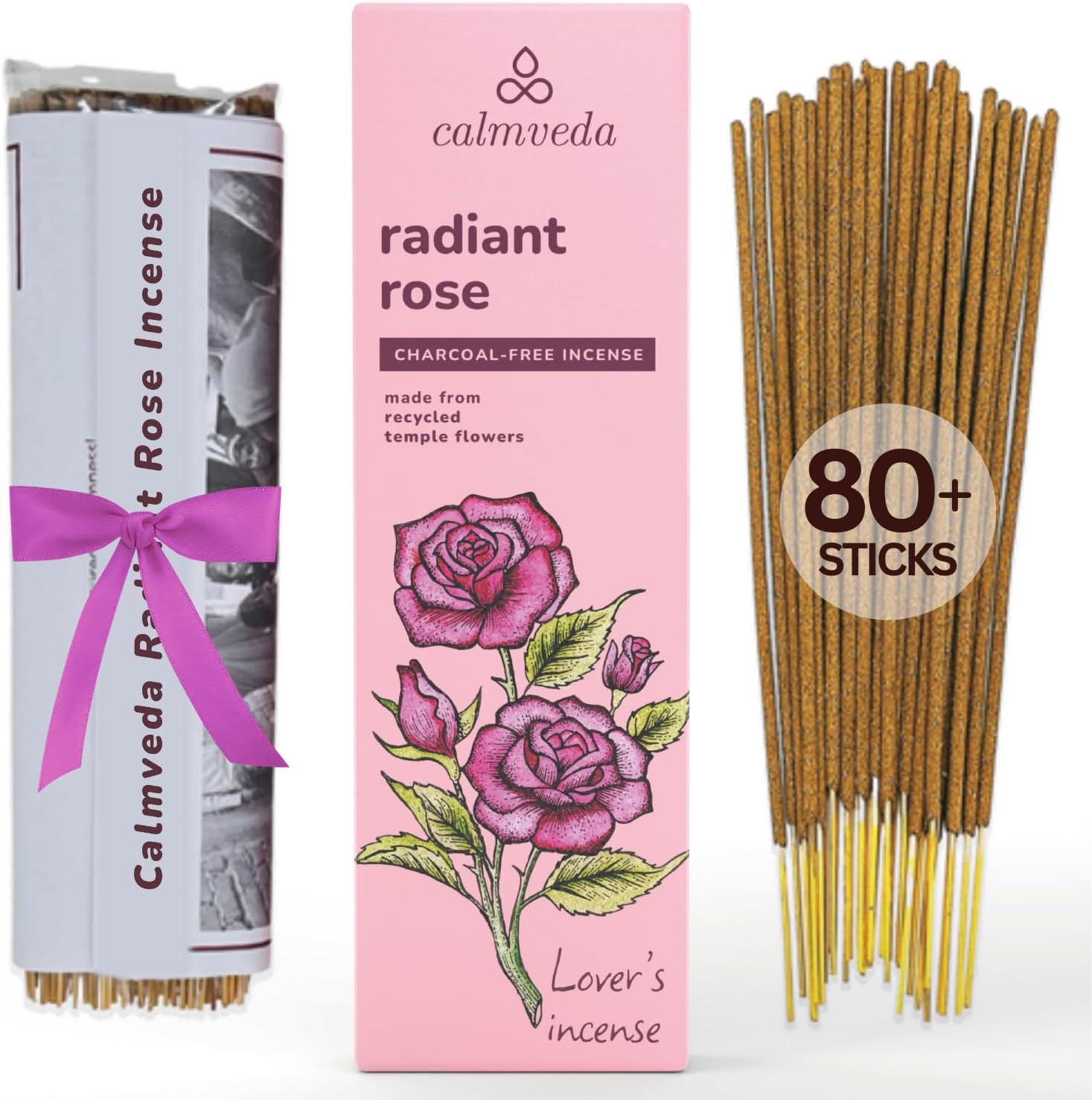 Radiant Rose Incense Sticks for Love - (80 Sticks) Charcoal Free Incense Using Upcycled Flowers | Romance Incense to Promote Love & Care, Perfect Housewarming Gift