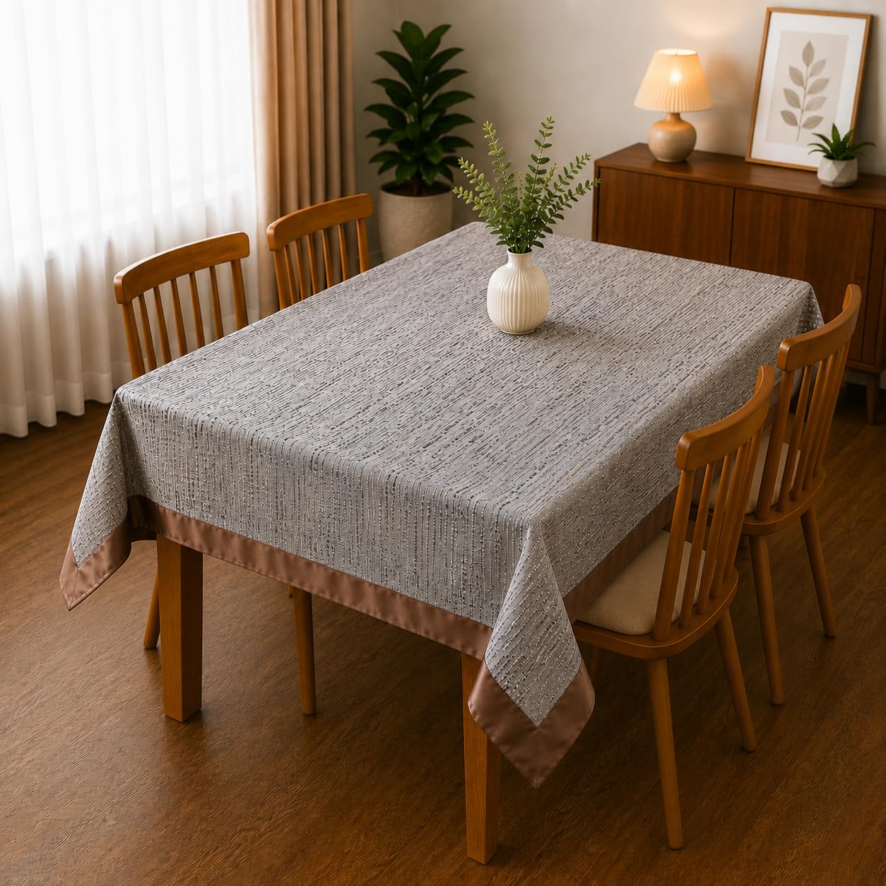 Reversible Jacquard Table Cover for Dining Table 4 Seater | Satin Border Table Cover | Rectangular Table Cloth for Home & Kitchen (46 X 60 inches) Brown-image-48