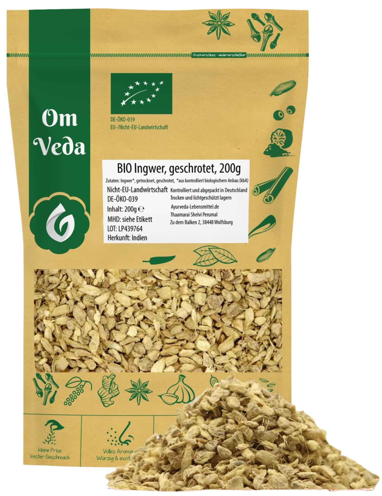 BIO Ingwer Stückchen Geschrotet Geschnitten | Ingwerstücke Ingwerwurzel Ginger | BIO-Qualität | Für Küche Tee Ingwer Shot Smoothie | OmVeda Gewürze (200g)