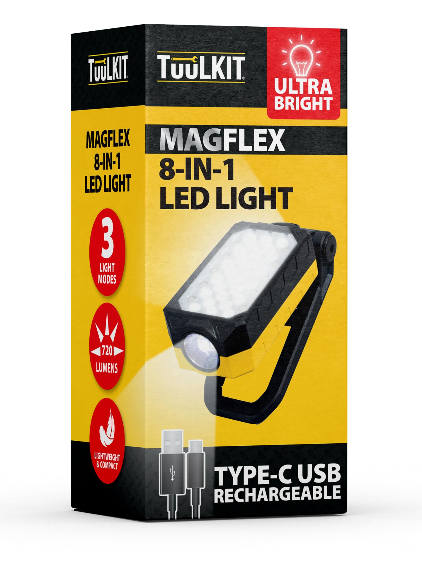 TUULKIT MagFlex 8-in-1 Rechargeable LED Work Light, Ultra Bright Inspection Torch with Magnetic Base, Hook & Stand, USB-C Rechargeable, 3 Light Modes for Garage, Workshop & Camping