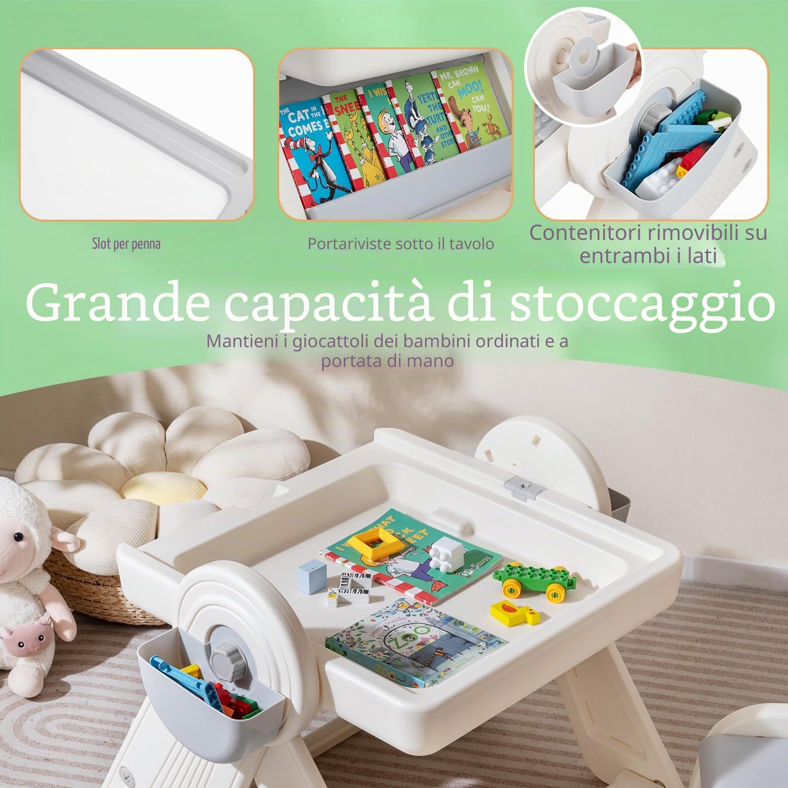 LIFEZEAL Tavolino e Sedia per Bambini 18+Mesi, in Plastica, Tavolo con Lavagna, Libreria, Tavola per Costruzioni, Vassoio di Acqua, Sabbia, Altezza Regolabile, Piano Inclinabile, Pieghevole (grigio)
