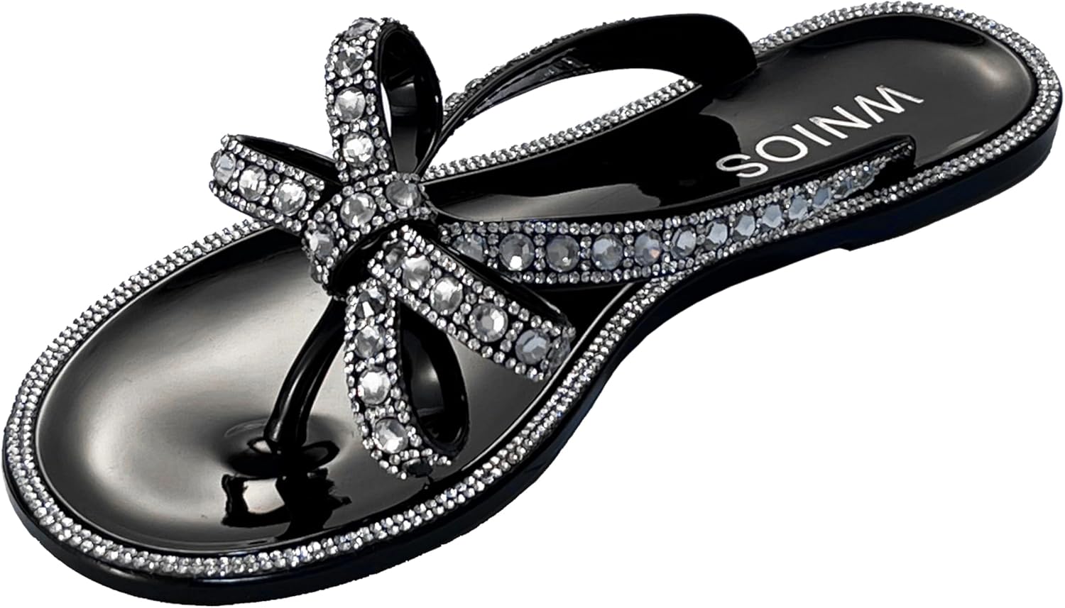 Womens Flat Sandals Jelly Flip Flops Crystals Rhinestones Bow Knot Glitter Sandals