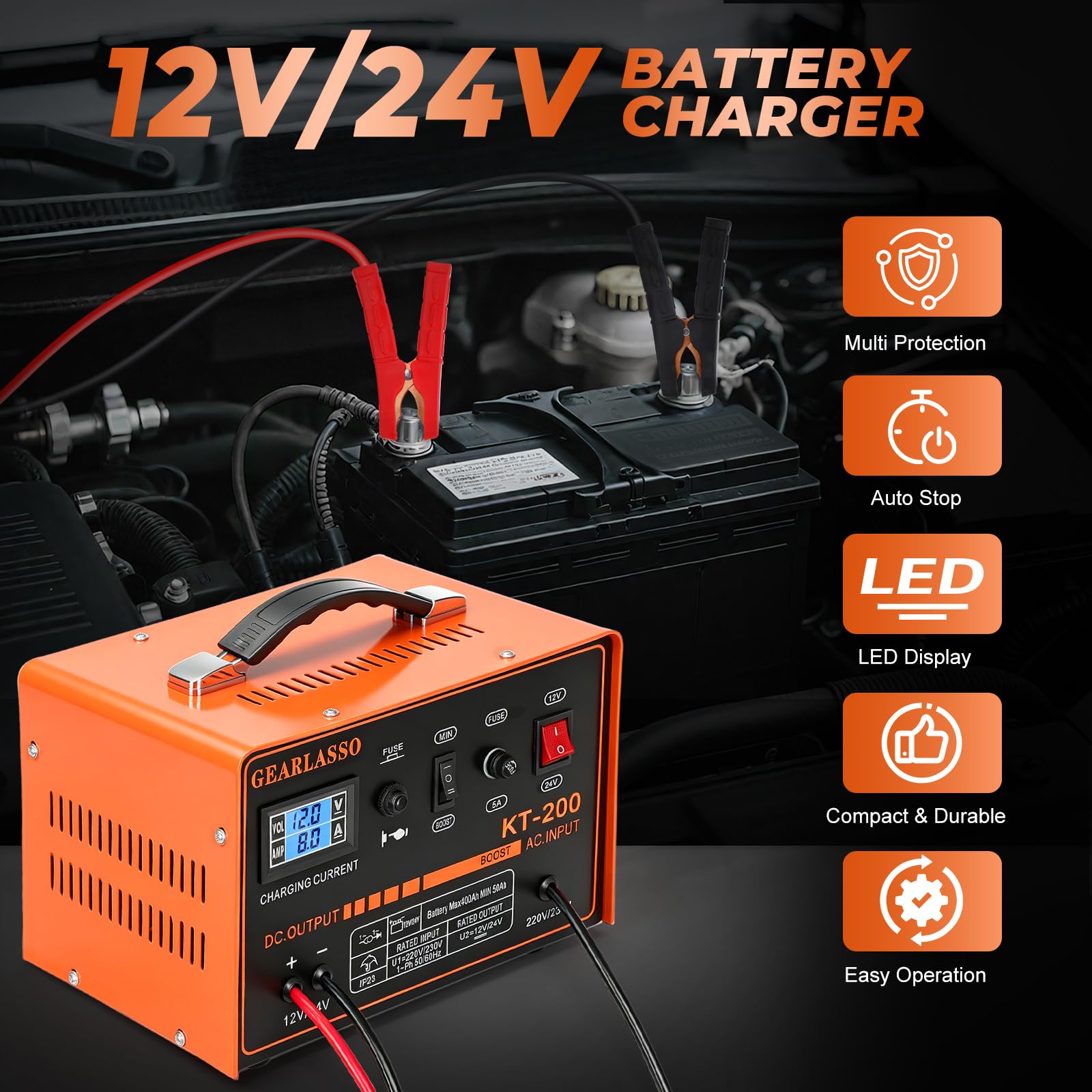 Cargador de batería de coche 12 V/24 V 0-15 A con pantalla LED, protección múltiple y apagado automático, para coche, furgoneta, motocicleta, barco, AGM, gel y baterías de plomo-ácido