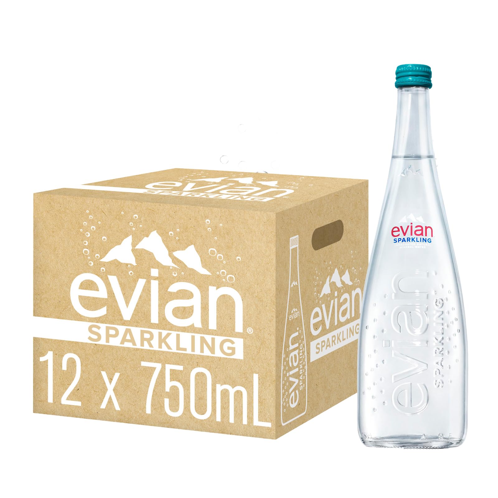 evian Sparkling Carbonated Natural Mineral Water Bottle, 750ml, Case of 12 - 750 ml × 12