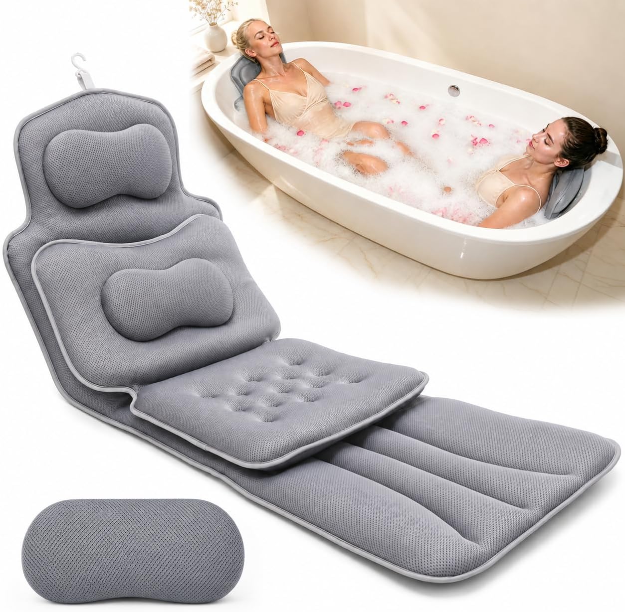 58" Full Body Bath Pillow for Two, Bath Tub Pillows for Head and Neck, Waist, Back Support, 6D Air Mesh Luxury Bathtub Cushion for Soaking Tub, Bathtub Accessories for Relaxing Spa