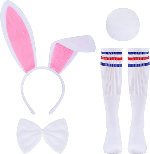 Kit de disfraz de conejo que incluye orejas de conejo, diadema y pajarita, medias para niños y adultos, Halloween, Pascua