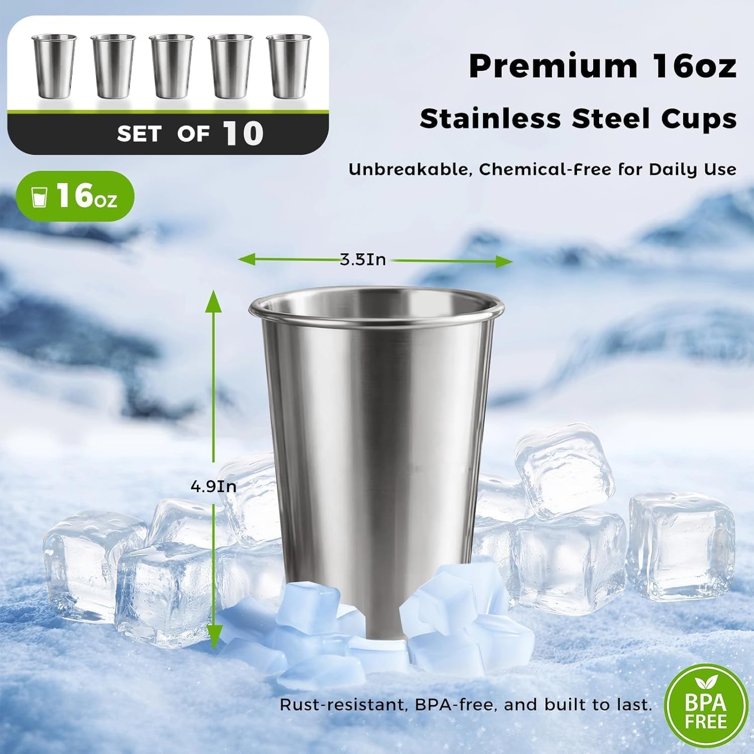 10 Pack 16 oz Stainless Steel Pint Cups,Stainless Steel Cup,Pint Cup Tumbler，water Tumbler,Stackable,Reusable,BPA Free