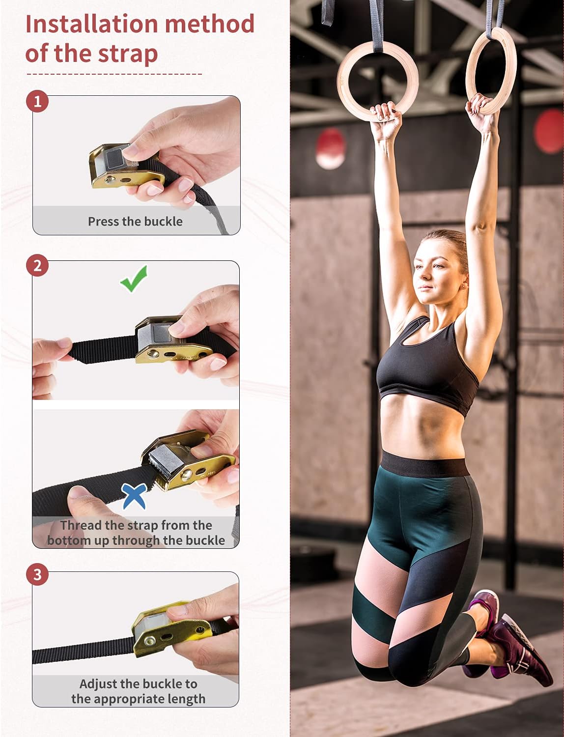 GHB Gymnastic Rings Wooden Gym Rings Training Rings with Adjustable Buckles Straps for Fitness Training : Sports & Outdoors