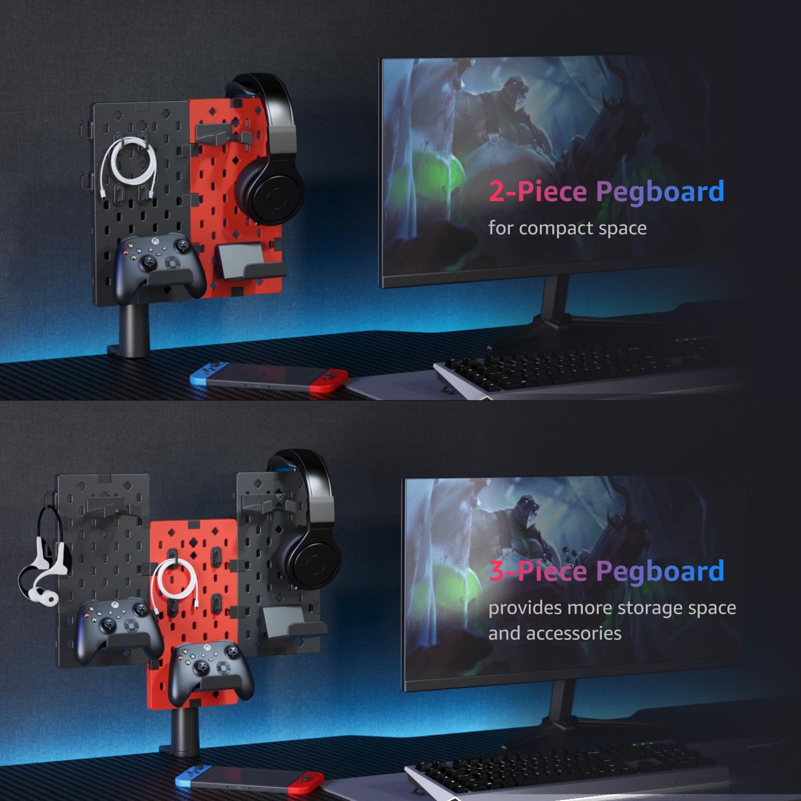 Kopfhörer- und Controller-Halter, drehbarer Gaming-Zubehör-Organizer, modularer Schreibtisch-Controller-Ständer mit Kabelhaken, 3 Stück, Schwarz
