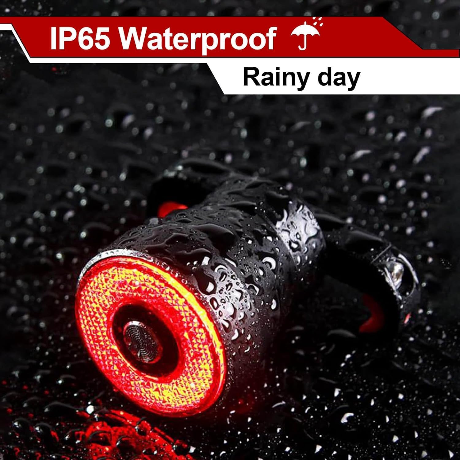Image of the taillight with water droplets, indicating IP65 Waterproof for rainy days