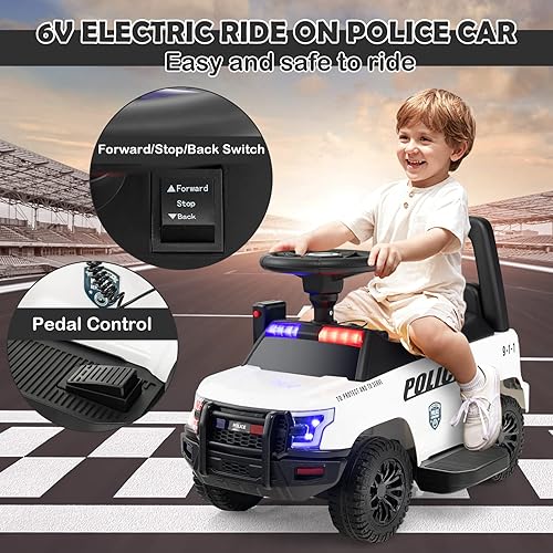 Miniatura 3 de GLACER Coche de policía para niños, auto de juguete eléctrico a batería de 6 V con megáfono real, música, luces intermitentes de sirena y faros,