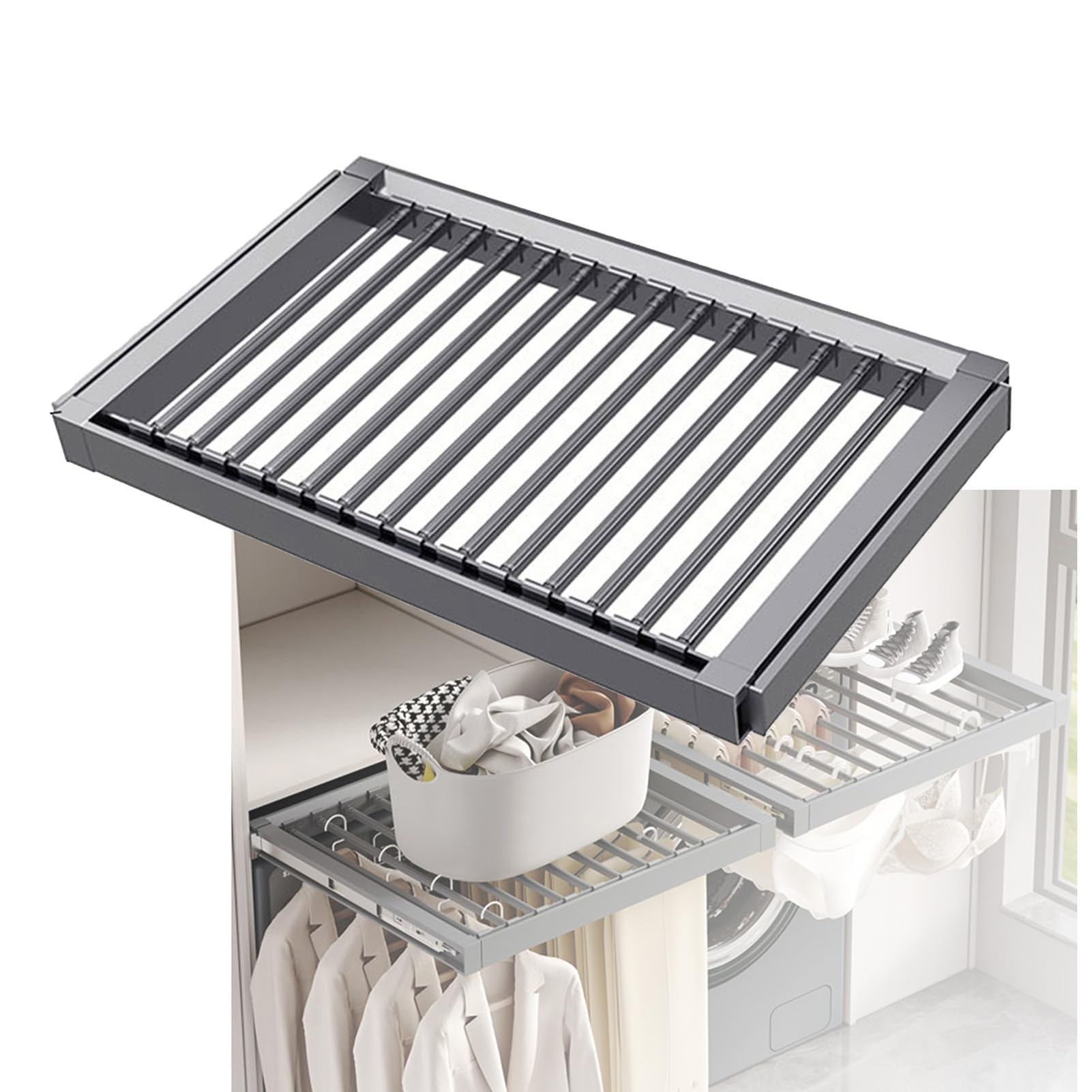 OLSKFUH Pull-Out Trouser Rack Removable Pull-Out Rack Wardrobe Storage Expandable Space Saving Drawer-Style Hanger Rod Rolling Trolley,Retractable Pull-Out Pants Rack, Adjustabl,Grey-560-610mm