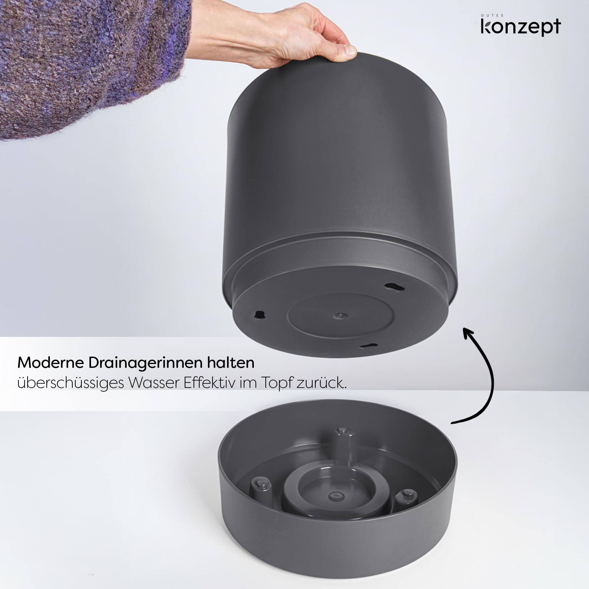 KONZEPT Blumentopf mit Untersetzer 38 cm - großer Übertopf aus Kunststoff für Zimmerpflanzen, modern und wetterfest, für Innen und Außen, Anthrazit