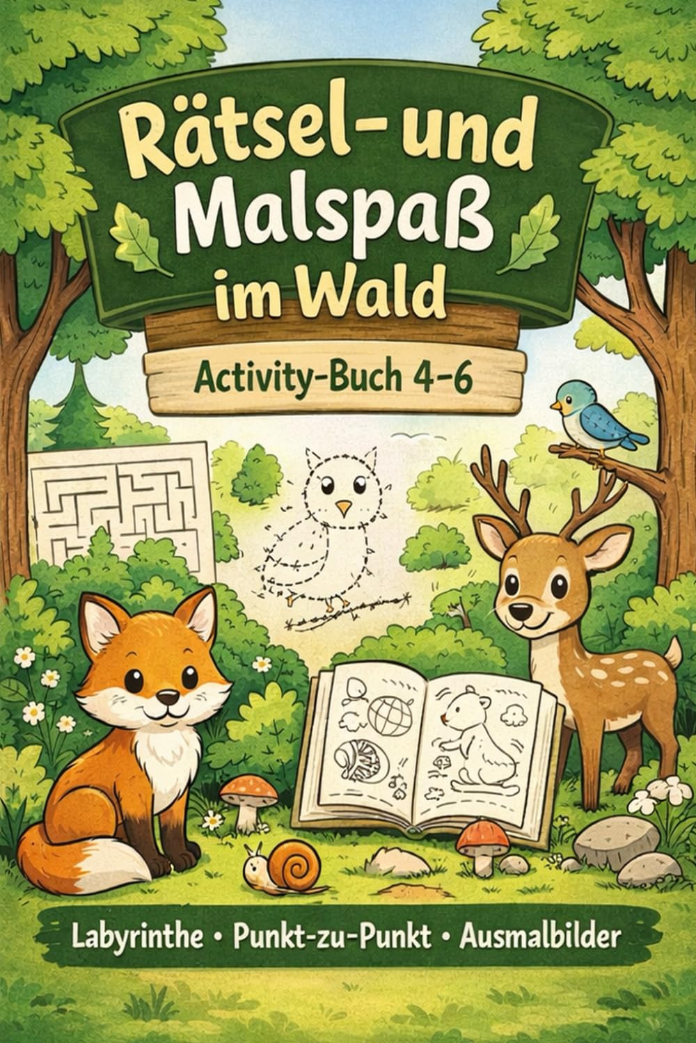 Rätsel- und Malspaß im Wald: Activity-Buch mit Labyrinthen, Punkt-zu-Punkt und Ausmalbildern (4–6 Jahre)
