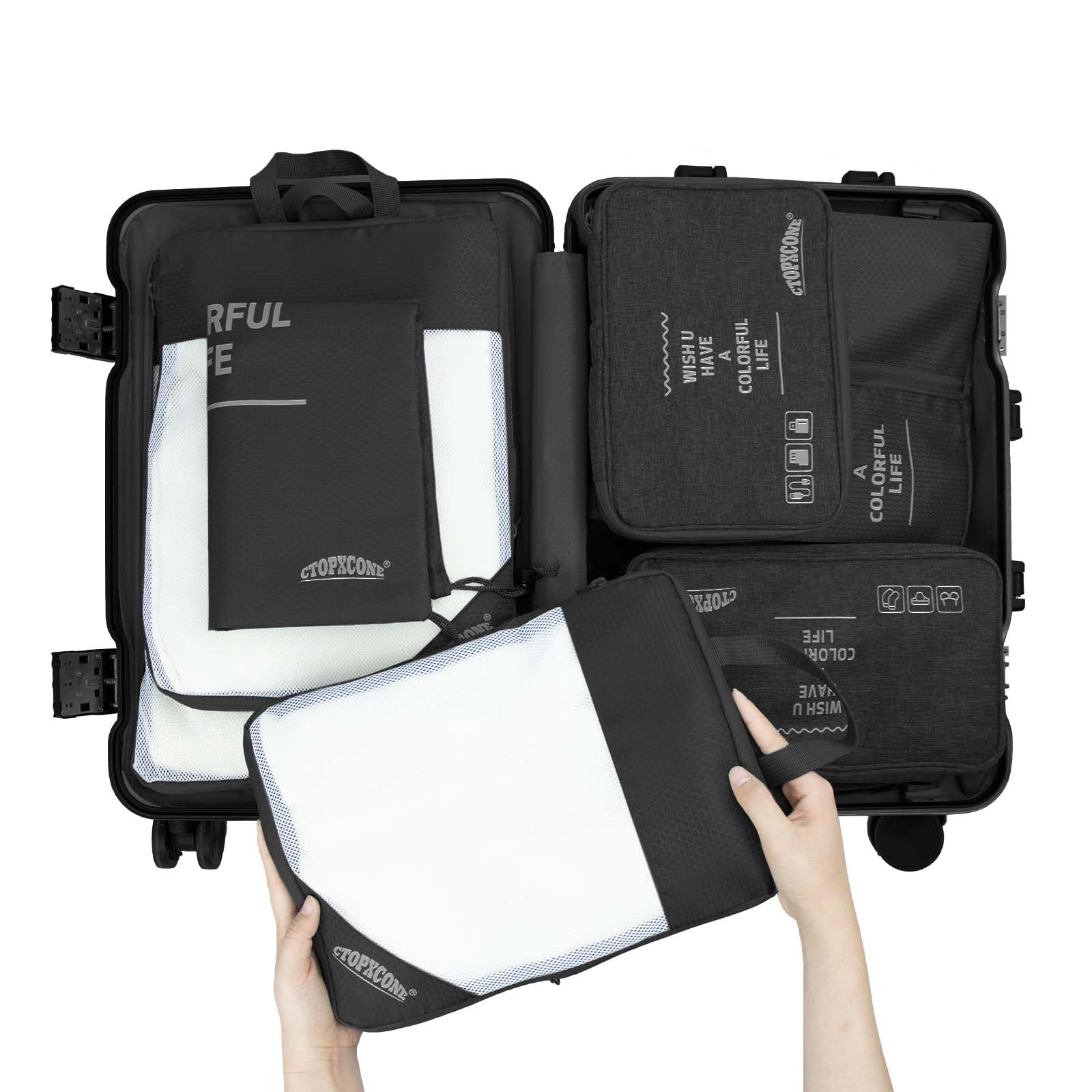 CtopxConeCtopxCone 7 Set Compression Packing Cubes for Suitcases, Travel Luggage Organizers with 3 Compressible Packing Cubes, Shoe Bag, Underwear Cube, Cable Organizer & Laundry Organizert Bag Set Black