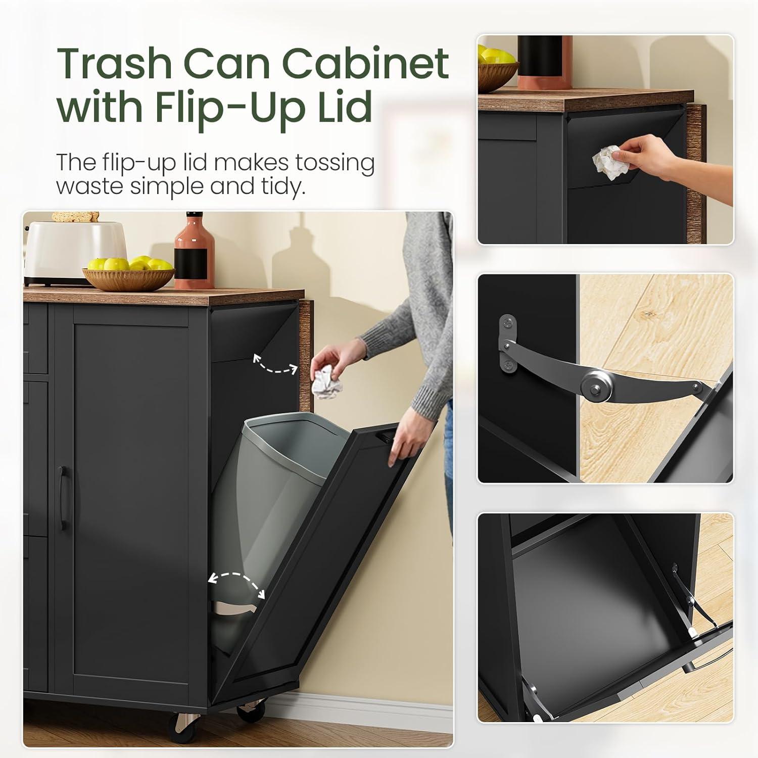 Kitchen Island with Trash Can Cabinet, Drop-Leaf Tabletop & 6 Wheels, 51.2-Inch Rolling Kitchen Cart with Fridge Shelf, Drawers & Adjustable Shelves, Farmhouse Style, Black and Walnut MZD07BL