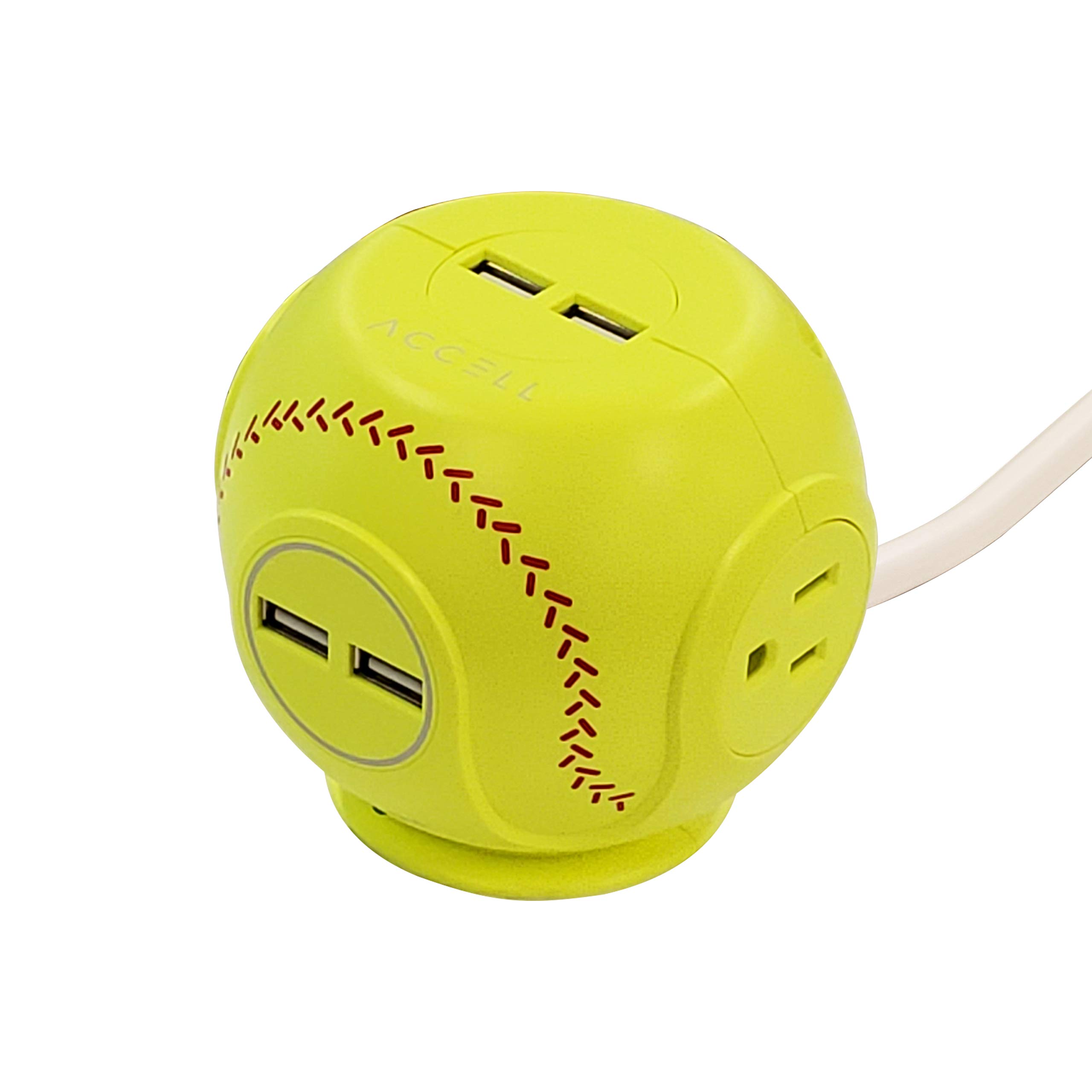 Power Cutie - Compact Surge Protector with 3 Tamper Resistant 540J Surge Protected AC outlets and 4 USB-A Charging Ports, 6ft Cord, Softball Yellow, D080B-049D