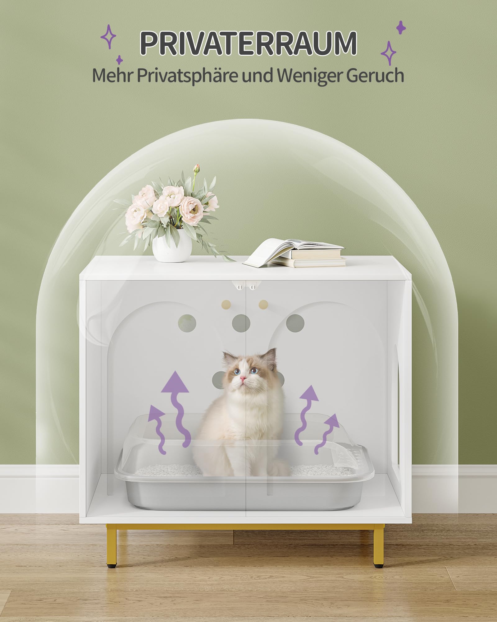 Hzuaneri Katzenschrank, Katzentoilette, Katzenklo Schrank, Katzenhaus mit Tür, Hölzerner Beistelltisch für das Haustierhaus, 80 x 50 x 70 cm, Stabile Katzenschrank, Weiß und Gold CB85003G