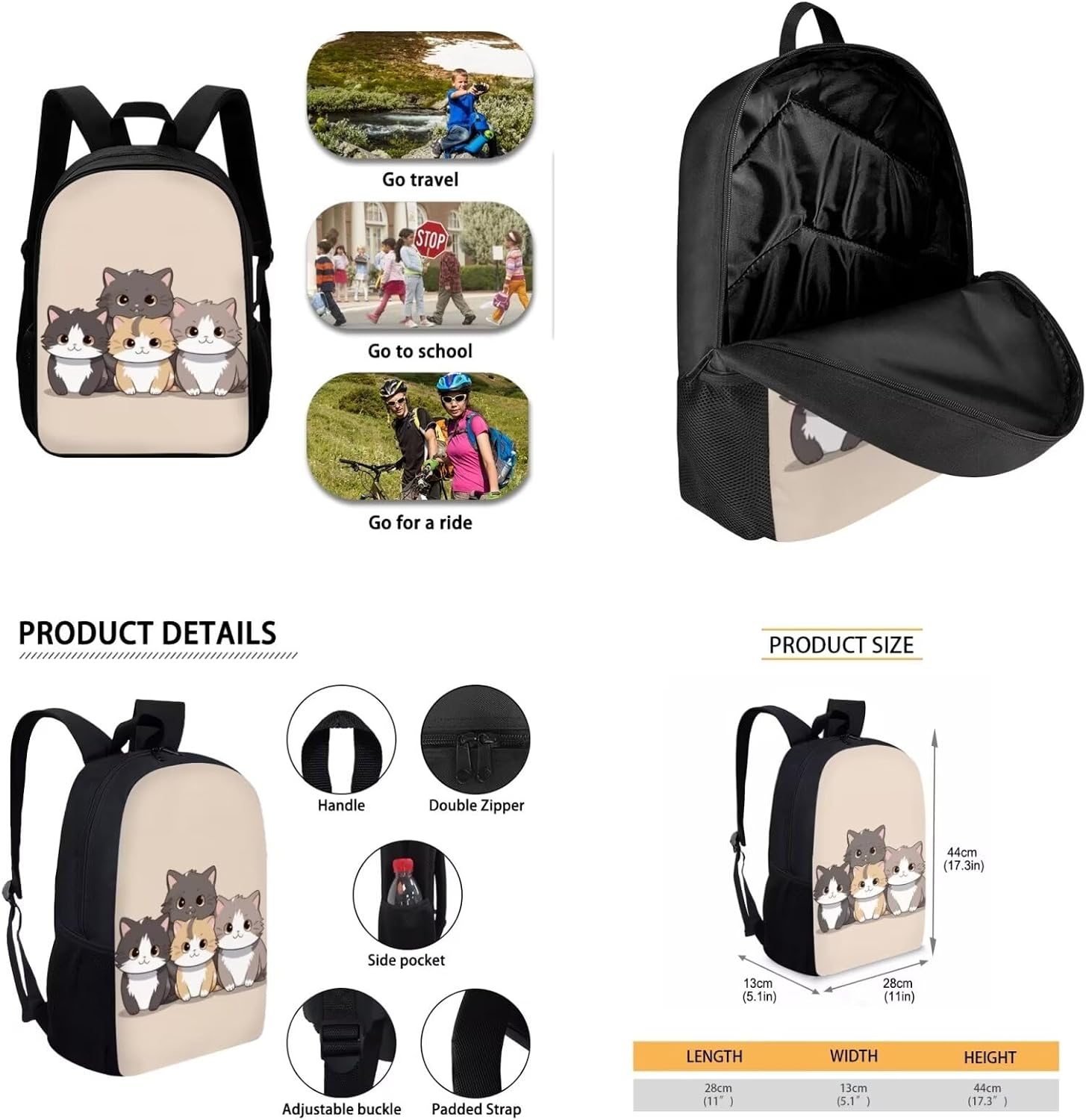 Cat Backpack for School Girls Middle School Kids Bookbag with Lunch Box Water Bottle Sleeve Pen Holder 4Pcs Lightweight Backpack for School Girls 6th Grade Set